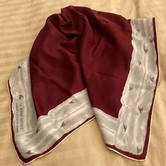 Hubert de Givenchy Paris Vintage Silk Scarf with Hand Rolled Hem. Burgundy/Gray - Picture 1 of 9